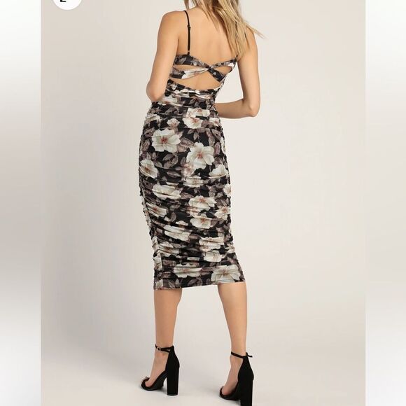 Lulu’s We Really Mesh Black Floral Print Sleeveless Ruched Midi Dress NWT Small - Picture 2 of 15